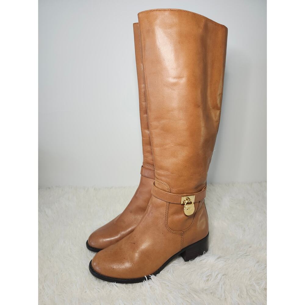 Michael Kors Women’s Hamilton Boots Tan Sz 5.5M Leather Riding Gold Padlock